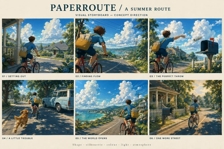 风格情绪板:PAPERROUTE / A SUMMER ROUTE,六个分镜标注 shape、silhouette、colour、light、atmosphere。