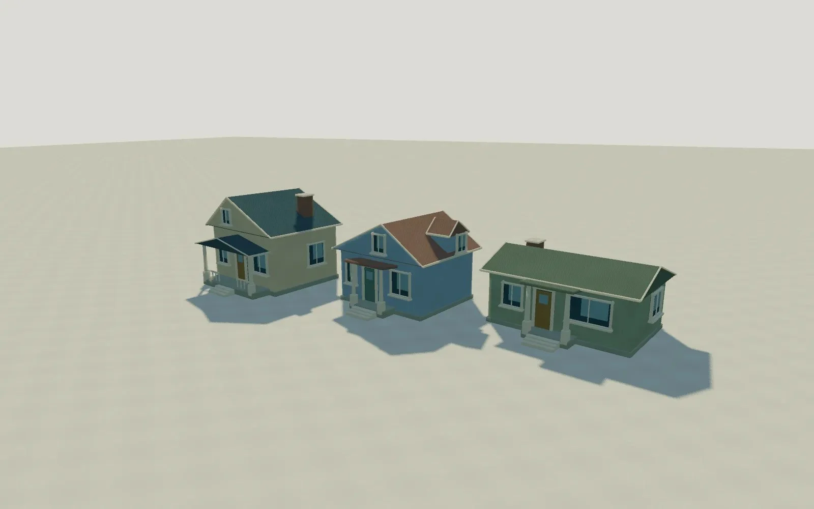 Blender 脚本产出的房屋家族,三个变体并排检查体块比例。
