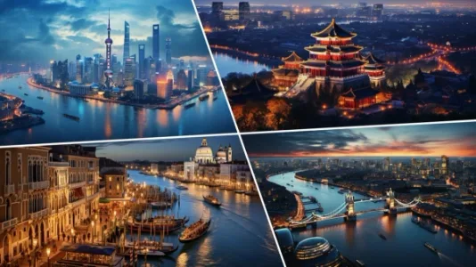 Midjourney 风格咒语：都市鸟瞰与蓝色时刻