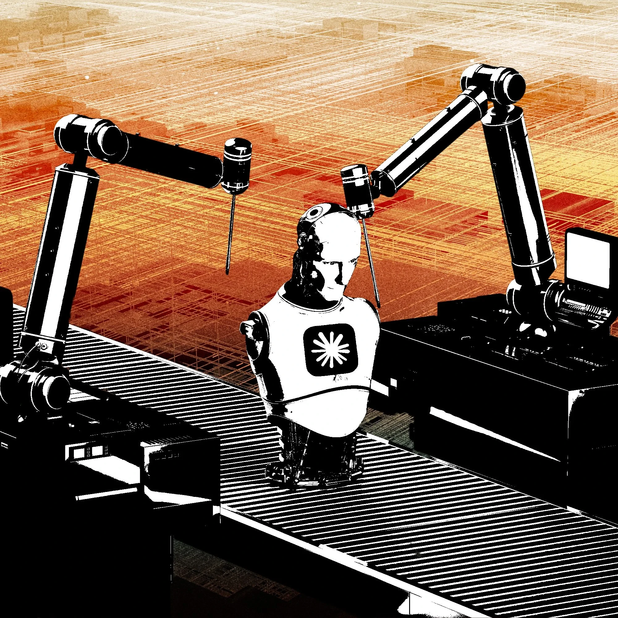 工厂传送带上正在建造的机器人插图