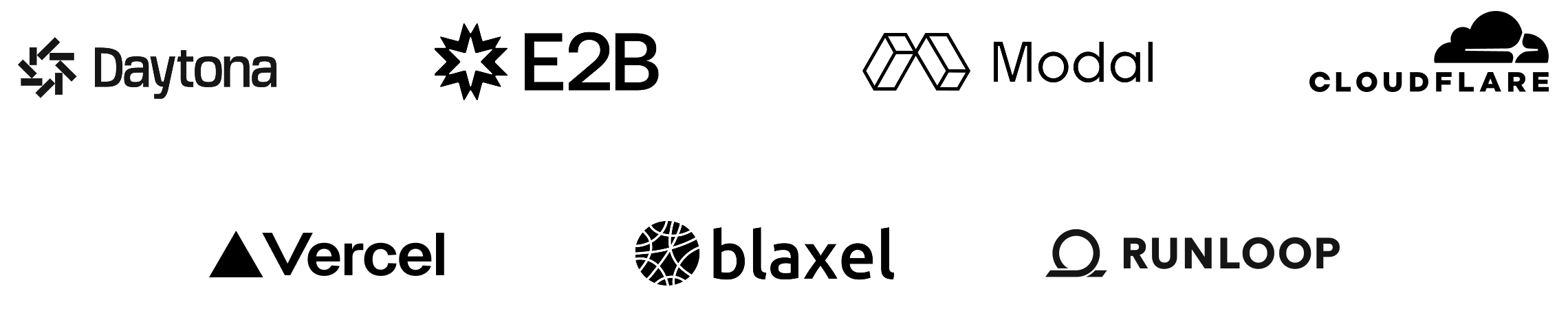 Logos for Daytona, E2B, Modal, Cloudflare, Vercel, Blaxel, Runloop