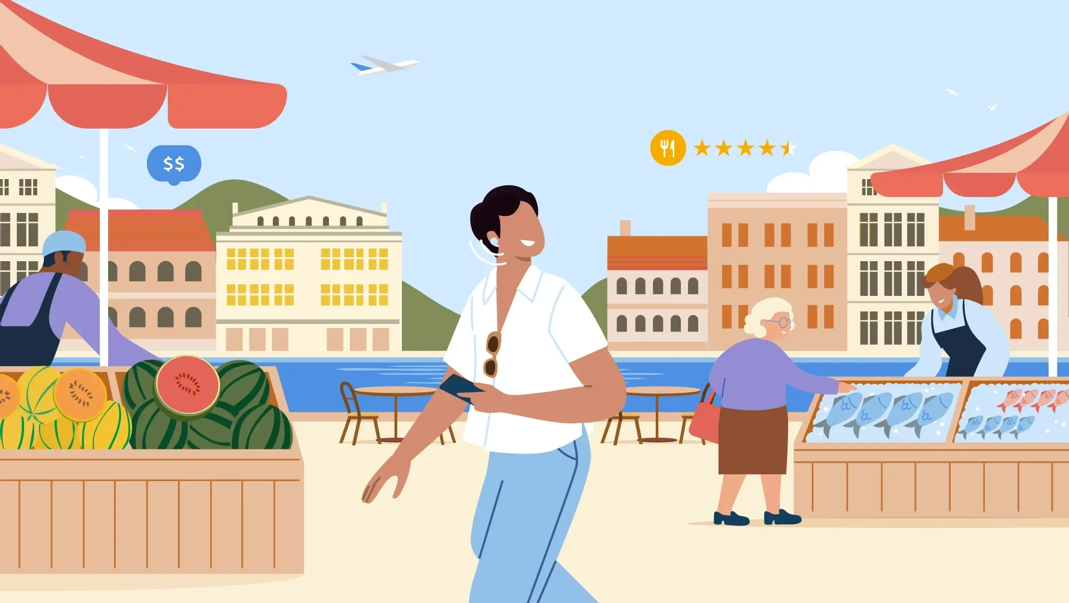 Illustration showing a person with a Pixel phone in a beach town farmers