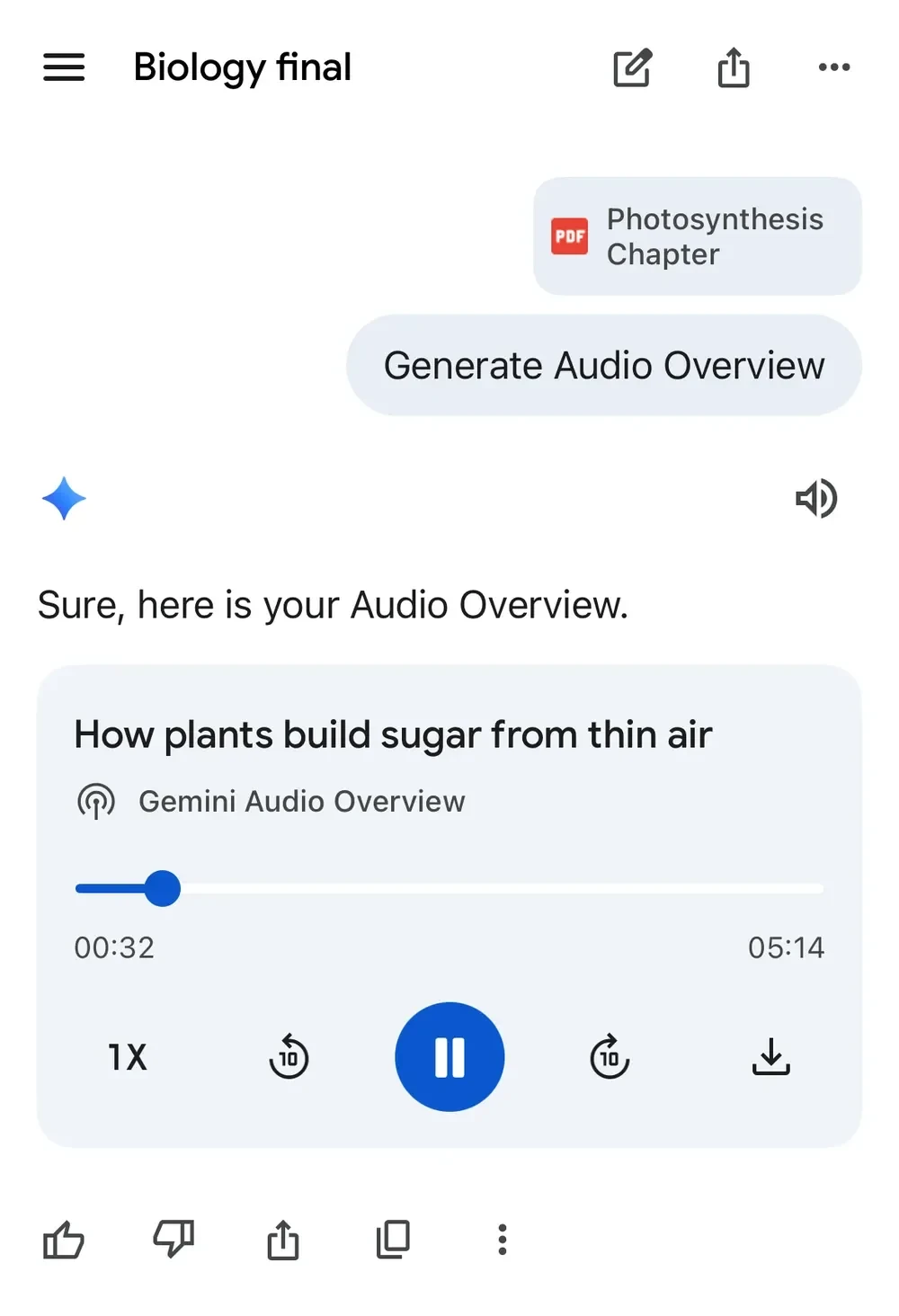 Gemini 移动端界面从上传的学习材料生成 Audio Overview 的静帧图片。